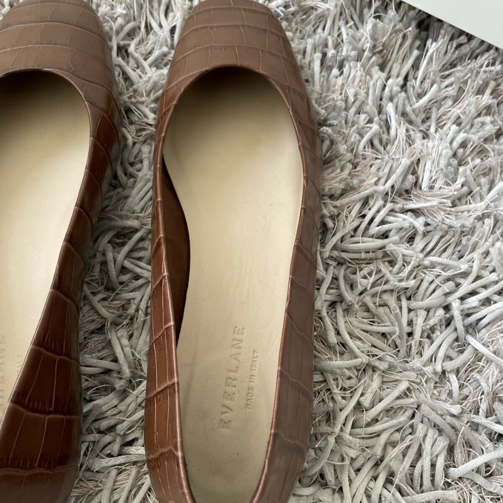 Everlane Toe Flat Leather Brown Crocodile Print Square Women's Sz 11 US❤️ - Picture 5 of 8